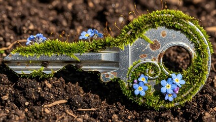 Fibonacci Spiral Rusty Key with Moss and Flowers in Spring Soil