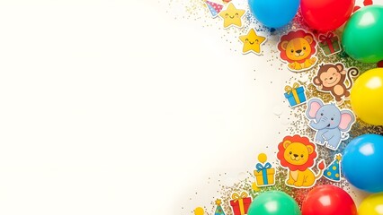 Colorful birthday elements including animal cartoons, balloons, and confetti creating a festive border on white background for greeting card or invitation.