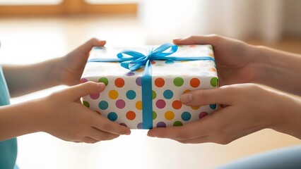 Child and adult hand giving a wrapped gift box with colorful polka dots and blue ribbon. Conception of festive celebration or birthday present event.