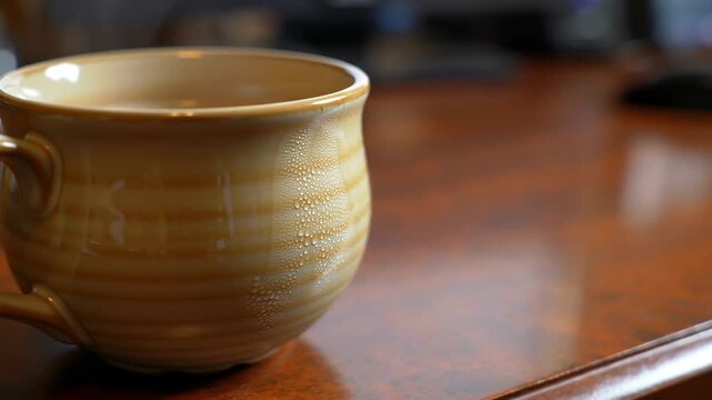 Close-up of hot drink in cup with steam on wood desk, focus on beverage