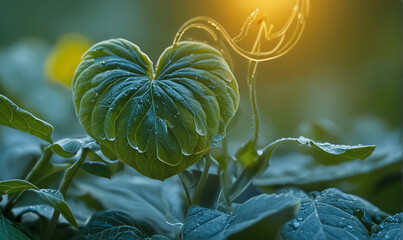 A heart-shaped green leaf is delicately back-lit by warm sunlight with shallow depth of field and vibrant colors.