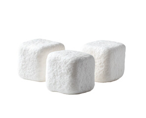 Three puffy, sugar-dusted marshmallow cubes cluster together