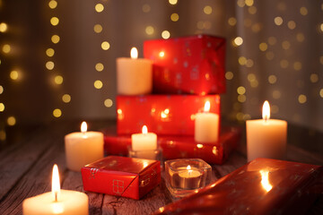 warm glow of lit candles illuminating a cozy holiday scene with beautifully wrapped red gifts on a rustic wooden surface, set against a backdrop of soft bokeh lights enhancing the festive mood
