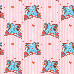 Seamless pattern retro preppy coquette Cozy Winter Valentine Ice Skating Shoes trendy blue and red aesthetics hand drawn cartoon background for wrapping paper or fabric printable