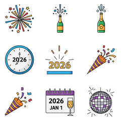Joyful New Year 2026 celebration icons and party elements collection