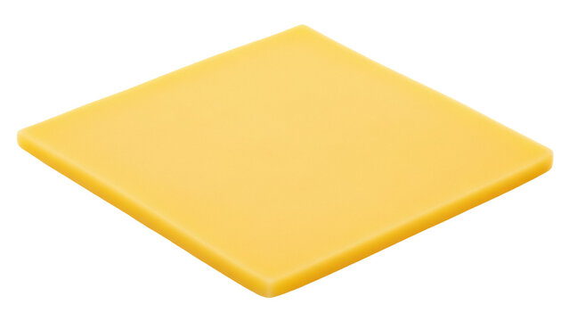 Square yellow cheese slice isolated PNG, processed cheese single on transparent background for sandwiches and burgers