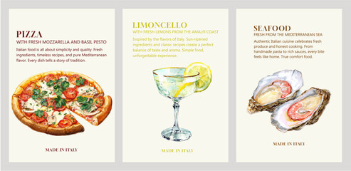 Amalfi coast travel poster showcasing Italian cuisine: pizza, lemons, oysters, and limoncello. Summer Mediterranean food illustration with vintage postcard frame and coastal elements.