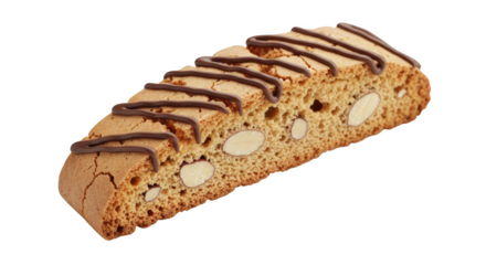 Almond biscotti cookie with chocolate drizzle on black background almonds