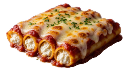 Baked pasta tubes filled with white cheese and topped with melted mozzarella and tomato sauce cannelloni