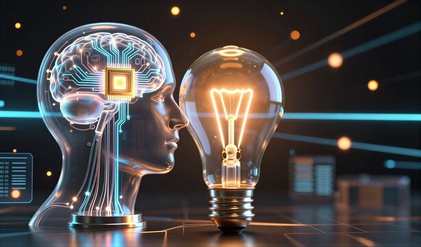 Human brain fused with circuitry beside glowing lightbulb, symbolizing AI innovation. - Powered by Adobe
