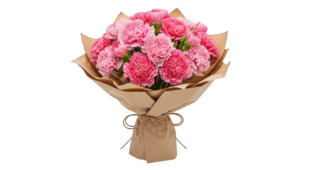 Bouquet of pink carnations wrapped in brown paper tied with twine flower bouquet floral arrangement