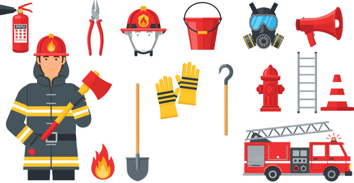 Professional firefighter character vector collection featuring various fire rescue equipment including helmet axe hydrant fire truck and extinguisher isolated on white background.