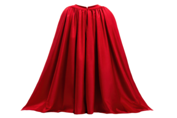 Full length red cape with gathered neckline and flowing fabric cloth garment