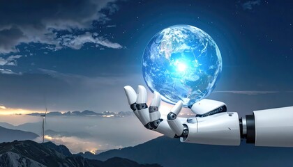 Fototapeta premium A futuristic scene of a robotic hand holding a glowing globe, symbolizing technology and innovation