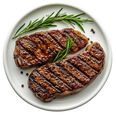 Top view of Grilled beef steak on white plate isolated on transparent background