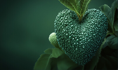 Close-up of a heart-shaped green leaf with detailed texture and intricate veins on lush foliage