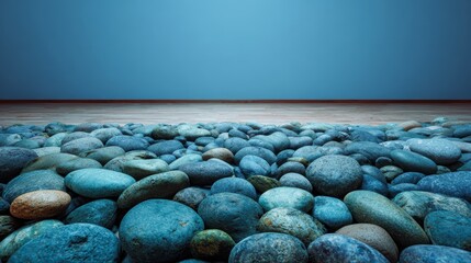 Calm Rocks: A serene collection of smooth, rounded stones, each unique in shape and hue, lays peacefully, with a gradient blue backdrop.