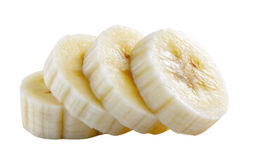 Four sliced ripe yellow bananas on a black background studio shot fruit food
