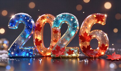 Glowing "2026" numbers with maple leaves, festive lights, snowflakes on dark background.