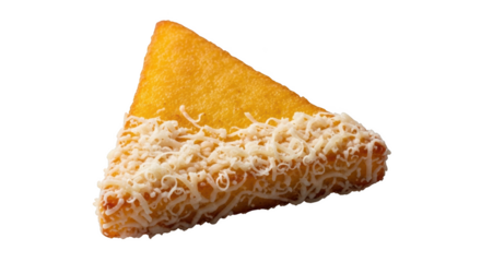 Golden fried polenta triangle topped with shredded white cheese on a black background shredded cheese
