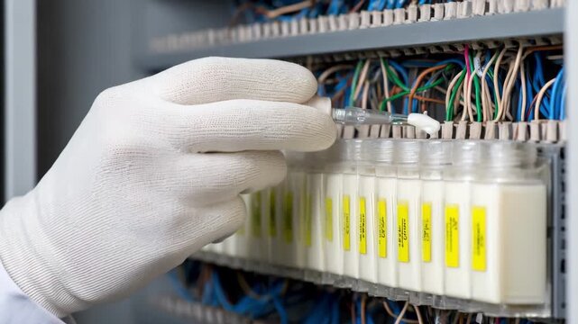 Technician sprays synthetic lubricant on wires to reduce friction and prevent wear in mechanical equipment