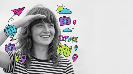 Smiling woman exploring with a camera against a colorful backdrop  