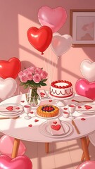 Valentine s day dinner table with cake and balloons