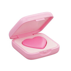 A heart-shaped object is placed inside a pink compact case with the lid open, viewed from above.
