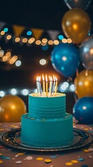 Birthday celebration with blue cake and lit candles