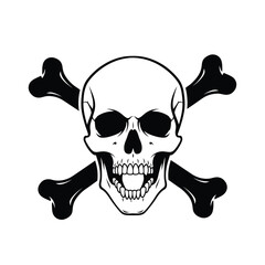 a stark black and white illustration depicts a classic skull and crossbones symbol evoking themes of danger mortality and warning signs
