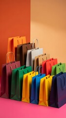 Vibrant shopping bags in various colors arranged on a pink floor