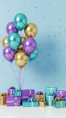 Vibrant balloons and colorful gifts on a light blue background