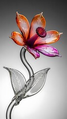 Intricate wire sculpture of a flower with metal leaves
