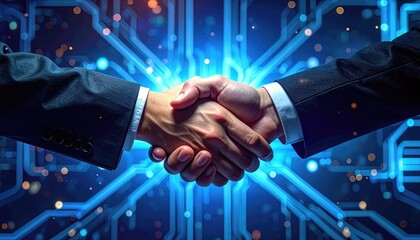 Business deal handshake concept with digital technology in the background