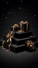 Luxurious christmas gifts on a dark background with gold ribbons and bows