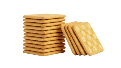 Stack of square crackers PNG isolated on transparent background, crispy baked snack for healthy eating and savory appetizers