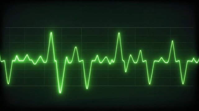 Intense neon green cardiac EKG waveform dynamically pulsating across a dark retro cathode ray tube monitor screen