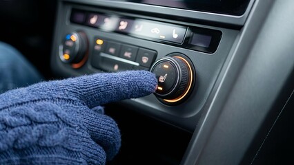 Hand in Winter Glove Pressing Car Seat Heater Button