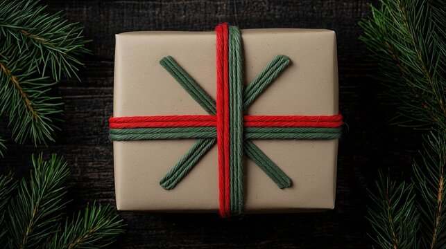 A gift wrapped in brown paper with red green string decorated with x pattern on top of dark wood background.