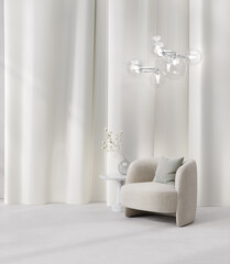 Modern concept with armchairs, light and wall panels, 3d rendering