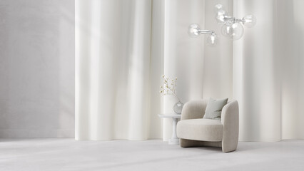 Contemporary salon design with armchairs, light and wall panels, 3d rendering