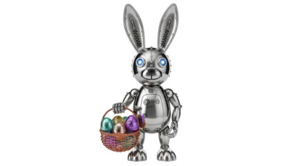 Shiny chrome robot Easter bunny holding a basket of colorful decorated eggs image