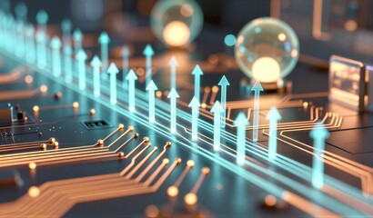 Futuristic circuit board with glowing arrows symbolizing data flow and technological advancement.