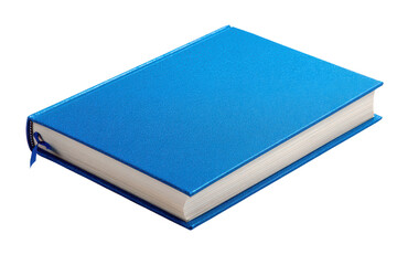 Closed blue hardcover book with white pages and blue ribbon bookmark on black image