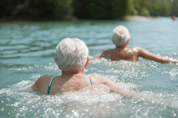 Two swimmers move forward through sparkling surface surrounded by lush shoreline.