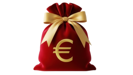 Red velvet money bag with euro sign isolated PNG on transparent background, symbol of wealth and financial success