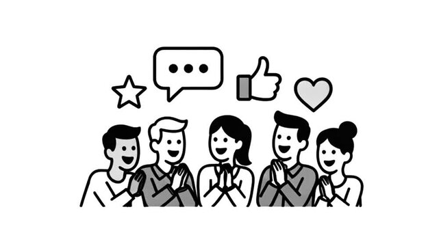 Social Media Engagement Animation : A Group of Happy Individuals Expressing Positive Feedback Through Likes, Hearts, Stars, and Comments