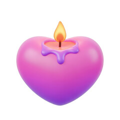 A heart-shaped candle with melting wax and a lit flame on a white background