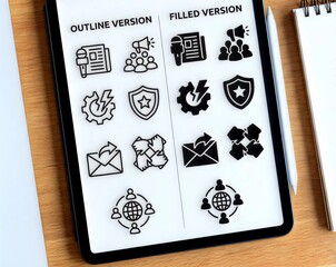 Professional Business Icon Set Displayed on a Tablet Screen in Outline and Filled Versions for UI/UX Design and Marketing Projects