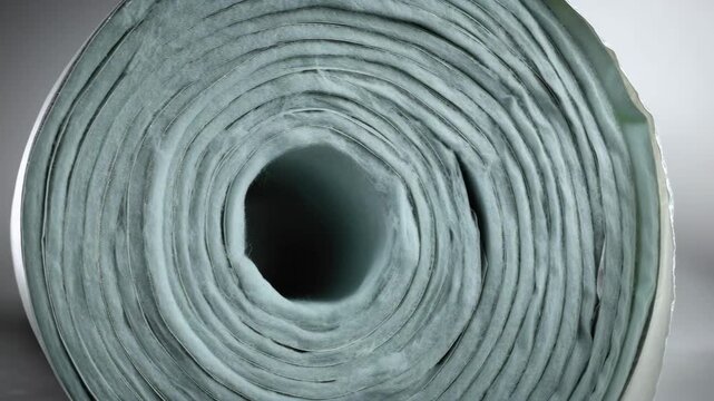 Medium angle capturing integration of foam and fiber soundproofing metal rolls in architectural profiles for enhanced acoustic insulation.